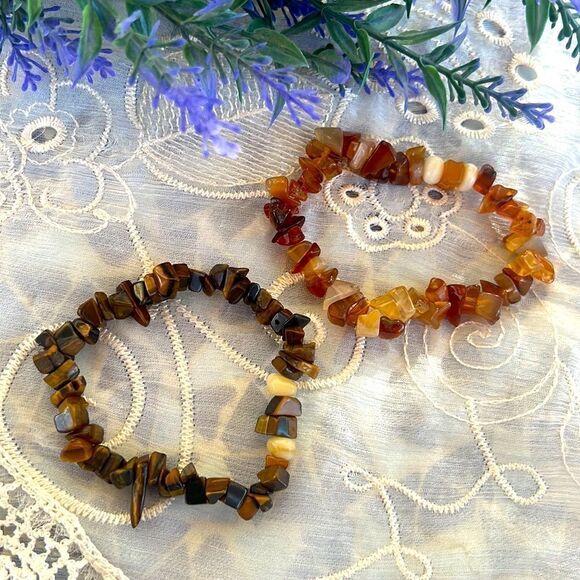 Set 2 Tumbled Gemstone Stretch Bracelets - Tiger Eye & Carnelian/Agate W/MOP - Picture 8 of 8
